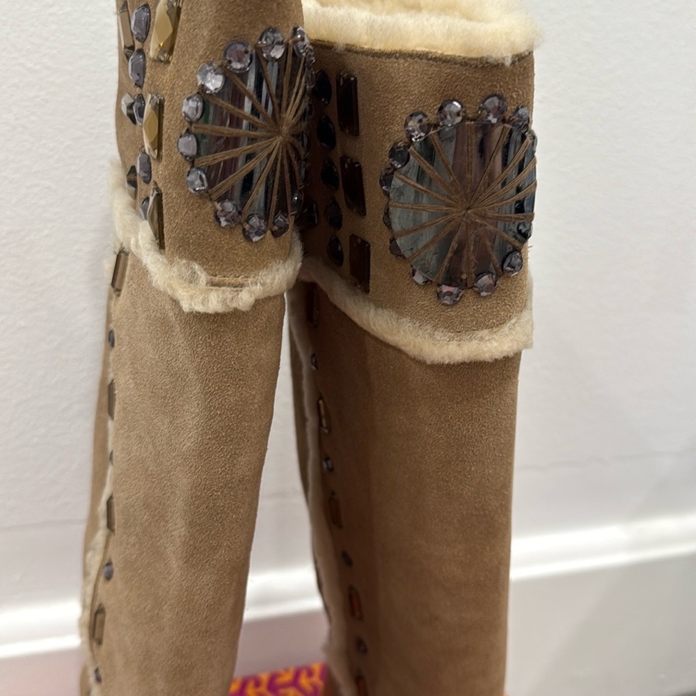 Tory Burch Knee High Shearling Camel Embellished Boot - Picture 5 of 12